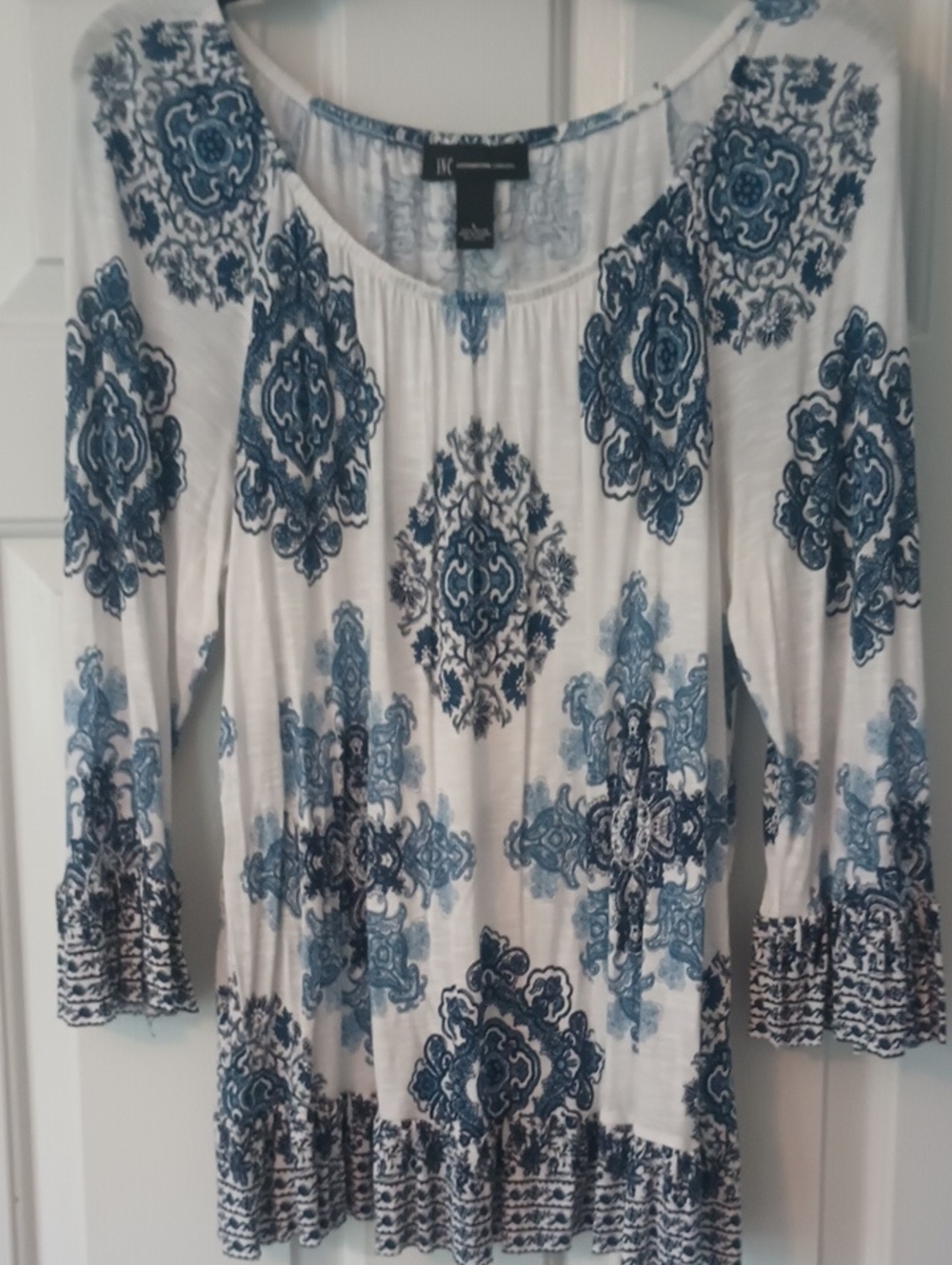 INC International Concepts White Tunic with Blue Medallion Print